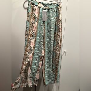 Ycosic! Bohemian Ethnic Print Pocket Elastic
Waist Slit Hem Casual Pants